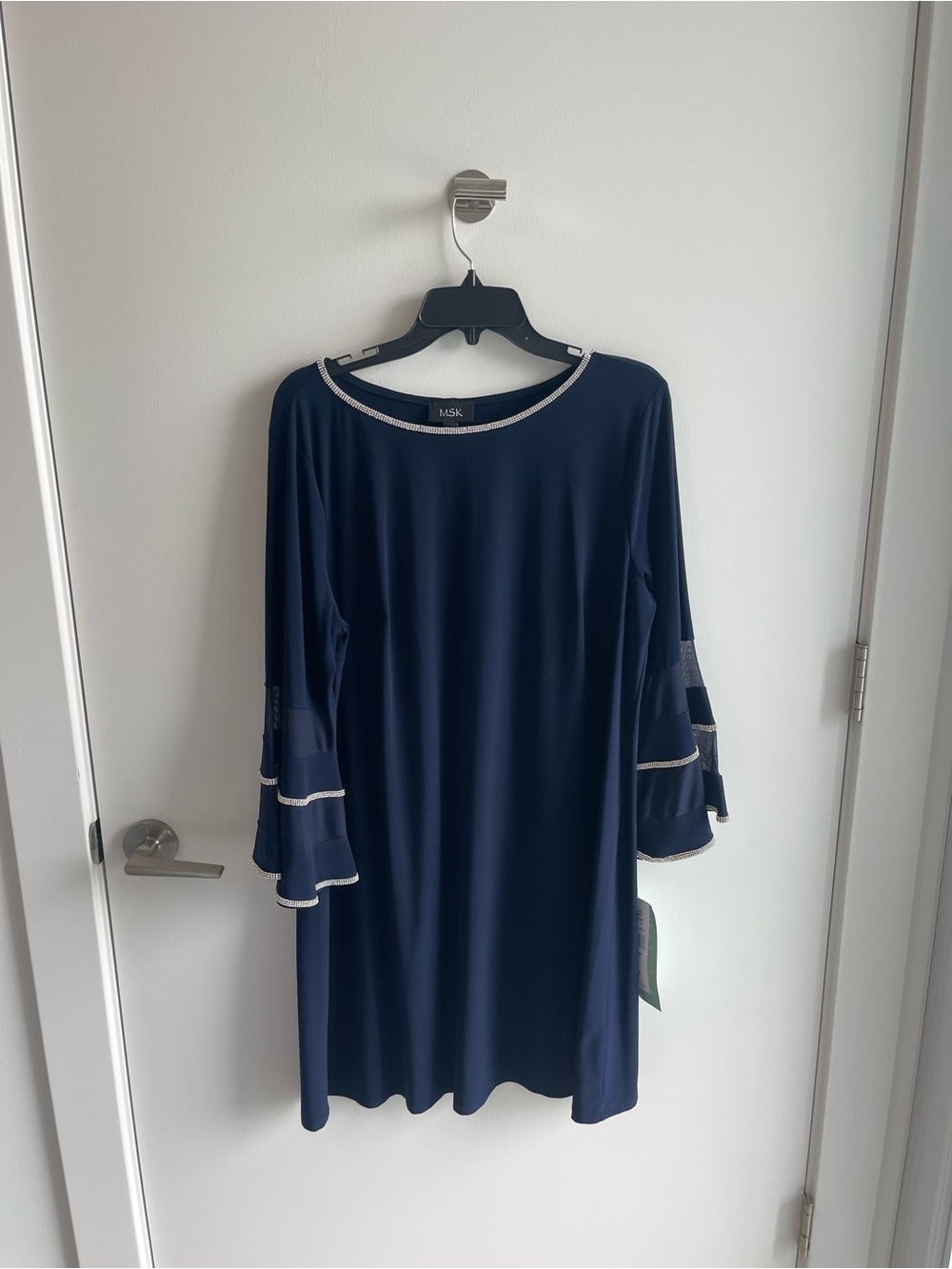 MSK Navy Dress with Silver-Trim Bell Sleeves